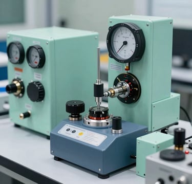 A detailed shot of specialized engineering instrumentation and control systems being calibrated in a high-tech workshop. The lighting is crisp, highlighting the precision of the tools. The aesthetic is clean and innovative with a palette of seafoam green and slate blue.