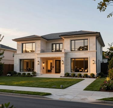 A high-end residential luxury property in a prestigious North American suburb. The photo shows an elegant modern mansion with clean lines, large windows, and a sophisticated stone facade during a soft golden hour. The landscape is perfectly manicured, reflecting wealth and stability.