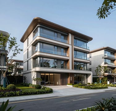 A sleek, modern luxury residential property in a prestigious North American neighborhood. The architecture features large glass panels and clean lines, surrounded by manicured landscaping under a clear blue sky.