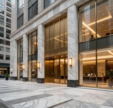 A wide photography shot of a luxury commercial property foyer in a US business district. The style is modern and sophisticated, featuring clean marble lines, glass walls, and warm gold lighting accents.