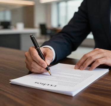 A close-up photograph of professional hands signing a real estate contract on a dark wood table. A blurred modern North American office interior is in the background. Lighting is focused and sophisticated, highlighting trust and professionalism.