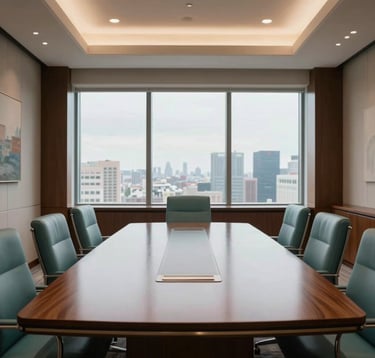 The interior of a luxurious North American executive boardroom with a large polished wood table and soft teal accents. A large window looks out onto a serene city view, conveying trust, sophistication, and professional success.