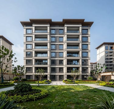 A sharp, professional photograph of a modern residential development in the United States. Sunny day lighting with clear skies, highlighting clean lines and high-value architectural design. Foreground features manicured landscaping in a sophisticated North American setting.