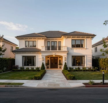 A wide photography shot of a high-value residential estate in a prestigious North American / US neighborhood. Elegant architecture, manicured landscaping, and soft golden hour lighting create an aura of wealth and security.