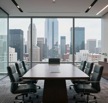 A bright, professional interior of a modern executive boardroom in a North American skyscraper. Through the glass walls, a city skyline is visible. The scene is quiet and sophisticated, with muted teal and dark charcoal furniture, representing high-level investment strategy.