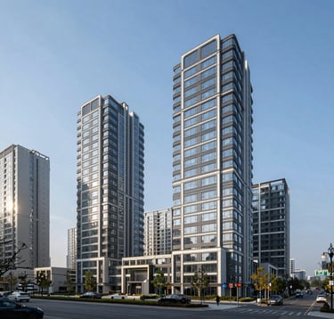 A professional architectural photo of a modern mixed-use development in an emerging North American urban district. The composition highlights the innovative design and premium materials, set against a clear blue sky, suggesting growth and prosperity.