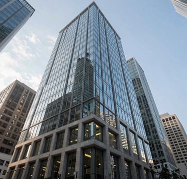 A low-angle shot of a contemporary glass office building in a bustling North American business district. The lighting is crisp and natural, highlighting the sophisticated professional environment of high-value commercial real estate.