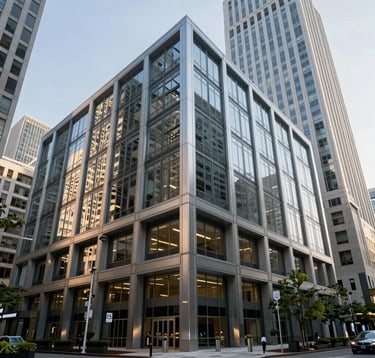 A sharp, daylight photograph of a corporate office plaza in a major US metropolitan area. The architecture is bold and contemporary, featuring steel accents and reflective surfaces. The environment is clean and professional, with a focus on institutional-grade real estate quality.