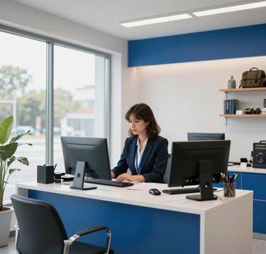 An interior shot of a modern, professional travel agency office with large windows. The lighting is bright and airy, with soft white and royal blue accents in the decor. A sense of trust and organization is conveyed.