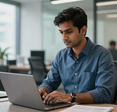 A professional South Asian travel consultant in a modern Mumbai office, using a laptop to organize flight itineraries. The environment is clean and trustworthy, with accents of medium blue and grey.
