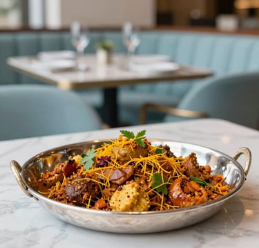 A high-end culinary photograph of traditional Indian cuisine served on a silver platter in a luxury setting. The dish is colorful with saffron and herbs, set against a blurred background of a sophisticated Mumbai dining room with light blue accents.