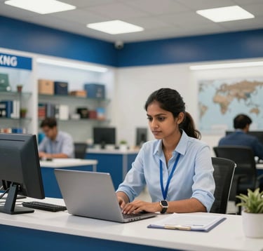 A wide shot of a modern, professional travel agency office interior with blue and white accents. A South Asian / Indian travel consultant is sitting at a clean desk with a laptop, looking professional and ready to assist, blurred office background.