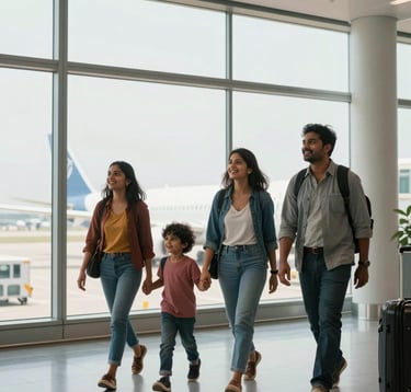 A candid, joyful photograph of a South Asian family at a modern airport terminal. They are walking towards a large window looking out at aircraft. The lighting is natural and bright, highlighting a feeling of excitement.