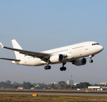 A side-profile photography shot of a large commercial aircraft taking off from an airport in Mumbai, with the city's coastal skyline faintly visible in the background under a clear sky-blue afternoon sun.