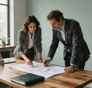 A professional business interior in Argentina where two experts are reviewing blueprints on a large wooden desk. Soft morning light enters through a window. The atmosphere is calm and secure. Details like a leather folder and a clean office layout in Slate Green and Charcoal tones.