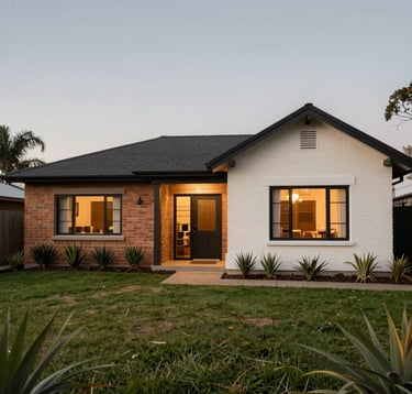 External view of a beautiful South American / Argentinian family house with a brick facade and modern finishes. A well-kept lawn in the foreground and warm lighting suggesting a welcoming home environment. Palette of charcoal and off-white.