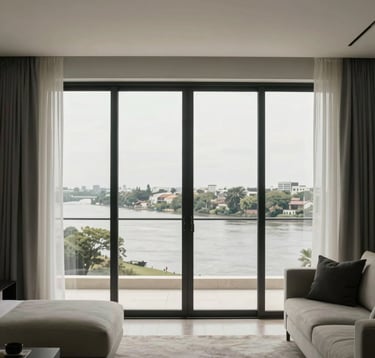 Interior shot of a luminous, contemporary apartment in Rosario, featuring large windows with a view toward the Paraná river. The decor is sophisticated and minimalist, utilizing off-white and charcoal colors. Professional photography with South American / Argentinian context.