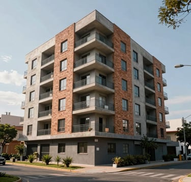 A beautiful low-angle photograph of a newly finished apartment complex in Granadero Baigorria, Argentina. The building features brick accents and modern balconies. The surrounding street is clean, with professional landscaping. The image uses a palette of Charcoal and Slate Green.