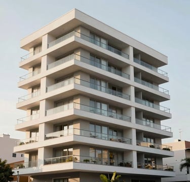 A bright, clean exterior shot of a modern luxury apartment building in the Puerto Norte district of Rosario. Soft daylight, sophisticated architecture. South American / Argentinian context.