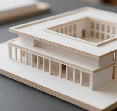 A macro shot of a sophisticated architectural model crafted from light wood and white plaster, resting on a dark #2F2E2E surface. Sharp focus on the precision of the model's structural details, with a soft blur in the background. The aesthetic is confident, precise, and professional.