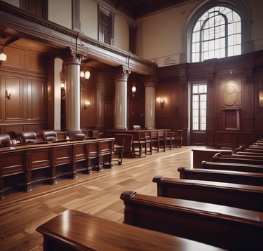 a large room with wooden benches and wooden chairs.
