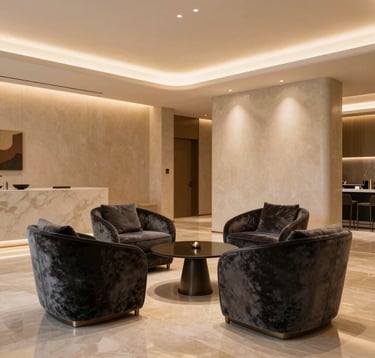 Interior shot of a sophisticated, high-end lobby or private lounge in a luxury residential building. The space features plush velvet chairs in muted charcoal, warm beige walls, and soft gold atmospheric lighting. The design is minimal and extremely elegant.