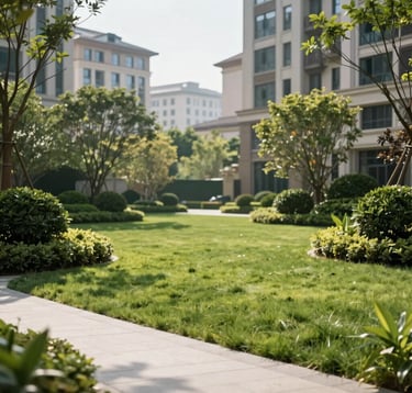 A serene, private park area in a high-end residential neighborhood. The image shows a manicured green lawn, professional landscaping with soft green bushes, and a clean stone walkway. The background shows blurred silhouettes of modern, elegant buildings under a clear, bright sky.