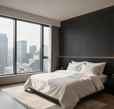 A spacious, airy master bedroom in a luxury penthouse. Features soft off-white linens, minimalist furniture, and a sophisticated charcoal black accent wall. Large windows offer a bright, sunlit view of a clean, modern city skyline.