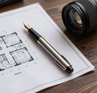 Close-up of professional architectural blueprints and a high-end fountain pen on a dark wood desk. The lighting is focused and warm, highlighting the precision and expert planning involved.