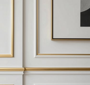 Elegant interior detail featuring a soft porcelain white wall with brushed gold trim and a minimalist piece of art. The style is clean, modern, and exudes luxury.
