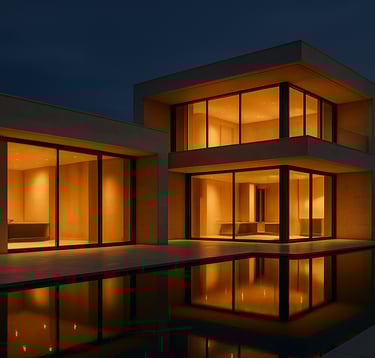Exterior photography of a modern luxury villa at dusk. The building features minimalist lines and warm gold interior lighting glowing through large glass panes. The walls are sophisticated beige stone, and a calm infinity pool reflects the deep charcoal evening sky.