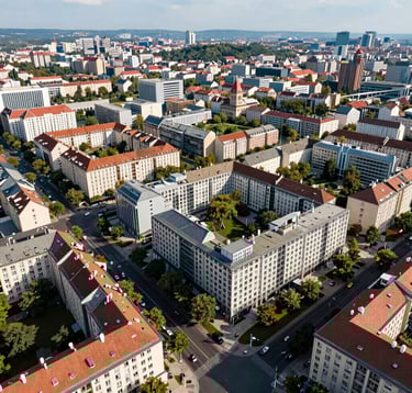 Aerial view of a prestigious urban neighborhood in Budapest during a bright day. Modern rooftops and green avenues create a sense of high-value location and premium living.
