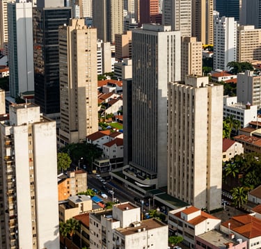 A high-angle view of the vibrant commercial district in São Paulo, showing organized urban density and modern infrastructure. Professional photography using a telephoto lens to emphasize depth and growth. Warm, bright South American lighting.