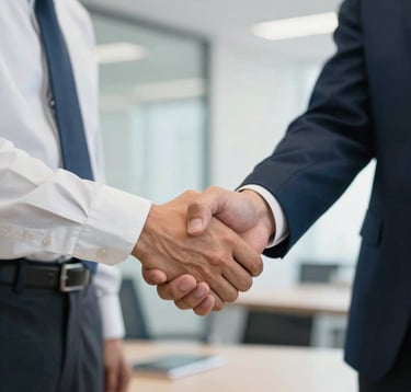 A close-up of a professional handshake between two businesspeople in a bright, modern corporate office in Brazil. Business attire is sophisticated, with white and dark blue accents. The setting implies trust and successful negotiation.