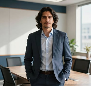 A professional portrait of a South American / Brazilian investment advisor standing in a sunlit, modern office in Sao Paulo. The background shows a clean interior with white walls and dark blue accents.