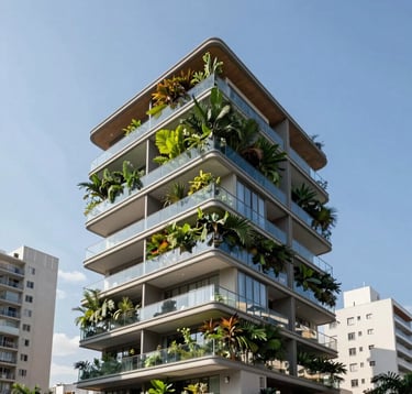Exterior shot of a contemporary residential development in São Paulo, featuring glass balconies and lush tropical vertical gardens. Modern architectural photography, sleek design, clear blue sky, upscale South American urban neighborhood.