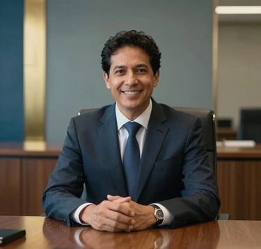 A sharp, professional photograph of a South American / Brazilian legal consultant in a high-end boardroom. There are subtle gold and steel blue design elements in the background. The atmosphere is professional and trustworthy.