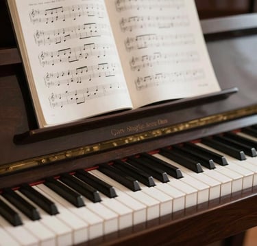 A minimal, artistic photograph of a piano keyboard with a soft-focus background of a music sheet on a stand. The scene is elegant and bright, reflecting academic and creative discipline in a North American / US setting. Subtle palette of charcoal brown and soft cream.