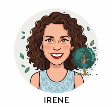 Illustrated profile avatar of Irene with curly brown hair and a green globe tree icon.