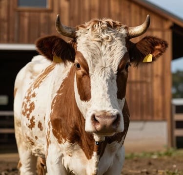 A close-up, professional photograph of a sturdy cow in a clean North American / US farmyard. A rustic barn with warm rustic brown wood siding is visible in the soft-focus background. The lighting is bright and natural, highlighting the reliability and quality of the livestock.