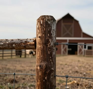A rustic, clean close-up photograph of a weathered wooden fence post and a sturdy wire fence on a North American / US cattle ranch. The wood has deep espresso brown and muted earth brown textures. In the blurred background, a traditional barn stands under a bright sky, symbolizing strength and integrity.