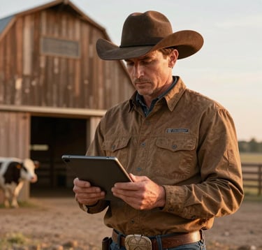 A portrait-style photograph of a professional rancher in a North American / US environment, dressed in modern, durable workwear in Earthy Brown tones. They are holding a tablet to check livestock records against a background of a Warm Tan wooden barn at sunset.