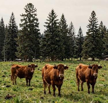 A clean, high-contrast photograph of healthy cattle in a verdant pasture in a North American / US landscape. The background features a silhouette of tall pines under a bright, soft cream sky. The cattle have a rich burnt timber coat, and the scene is tranquil and clean.