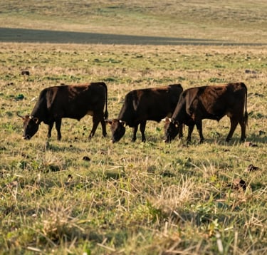 Photography of healthy Angus cattle grazing peacefully in a lush green North American / US pasture. The style is clean and modern rustic, with warm afternoon sunlight casting long shadows across the field. Muted beige dry grass highlights the texture of the land, while the deep dark brown coats of the cattle look sleek and healthy.
