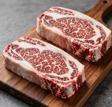 A high-quality, modern photograph of premium, well-marbled beef cuts arranged on a dark wood board in a North American / US farm shop setting. The image uses a clean, rustic style with accents of soft off-white and deep espresso brown wood textures.