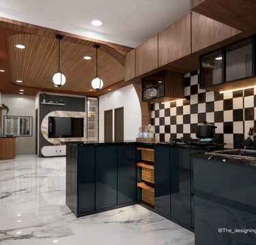 Modern luxury kitchen with dark blue cabinets, checkerboard backsplash, and marble floors in an open floor plan.