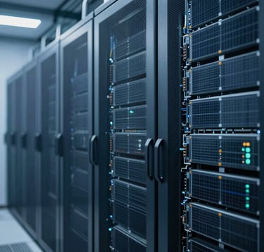 Close-up of high-tech solar energy infrastructure and a data center server room facade, cool blue lighting, professional architectural photography style using #0A1D2B and #7BA6A8.