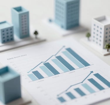 Abstract and elegant conceptual photo showing architectural models and financial growth charts on a clean surface, minimalist corporate style using #E8F2F3 and #7BA6A8 colors.