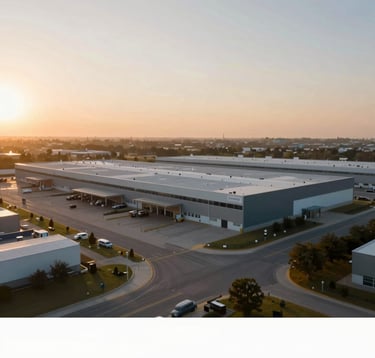 Exterior shot of a premium logistics hub and distribution center at sunrise. The lighting is warm yet professional, showing a massive, well-maintained facility that represents stable income generation. Tones of #0A1D2B.