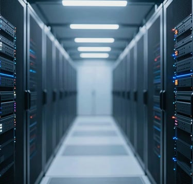 Interior of a state-of-the-art data center with symmetrical aisles of server racks and cool LED lighting. The style is clean and high-tech, incorporating the brand colors #2A5B6F and #7BA6A8 to show modern infrastructure.